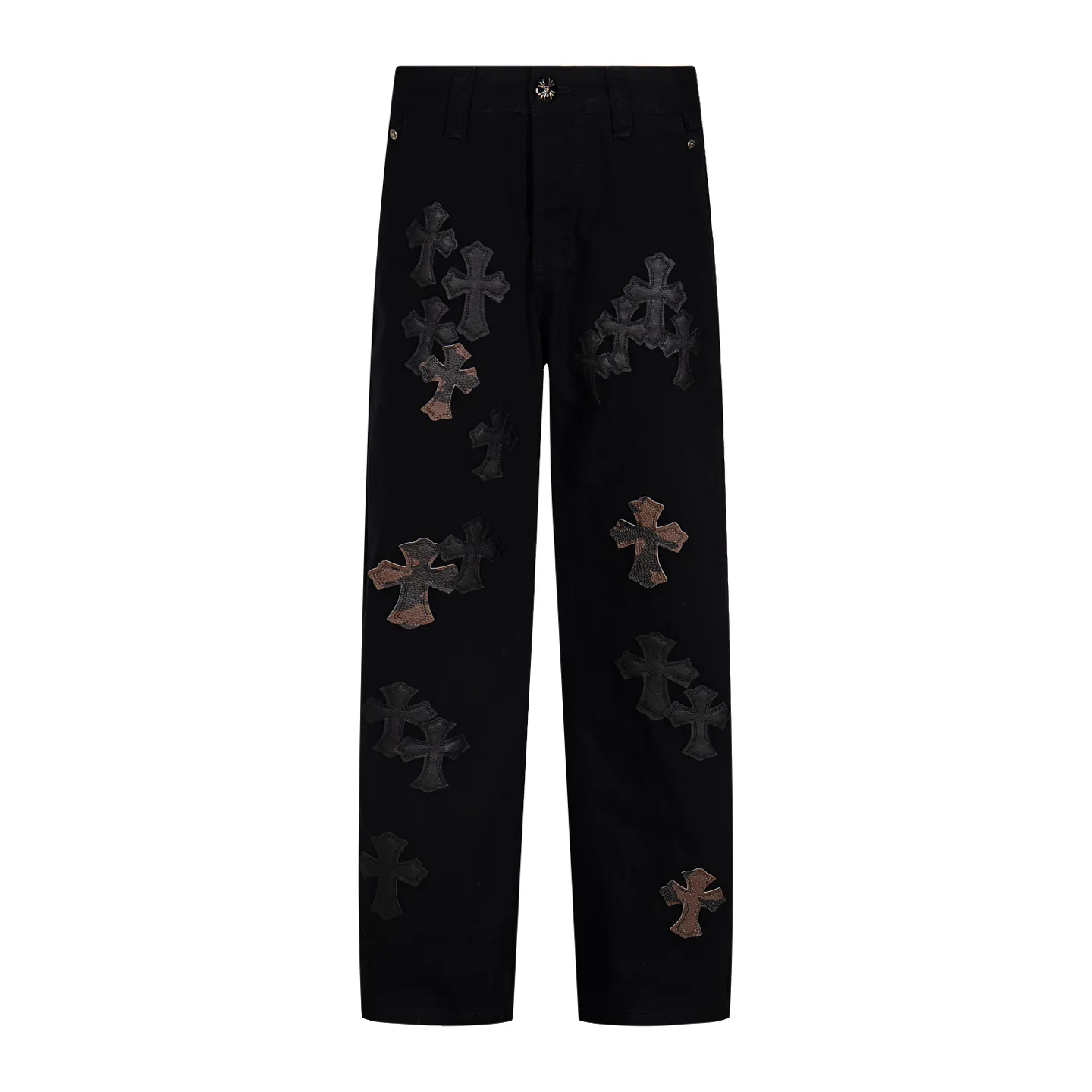 P260 Chrome Hearts丨Chrome Hearts Black and Brown Camouflage Cross Patched Leather Jeans - Full of exploring the ultimate in fashion, Chrome Hearts' new Chrome Hearts pants cleverly integrate camouflage crosses, camouflage crosses and other elements to break traditional boundaries. Mattyboy's clever fusion of overalls and khaki jeans, the same style, brings endless matching inspiration to fashionistas! Whether it is daily wear or a trendy try, these pants can bring you an excellent fashion experience. Style number: 1753# Color: casual black Size: 28 30 32 34